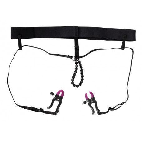 Tanga con pinze vaginali e perle Pearl String with Silicone Clamps